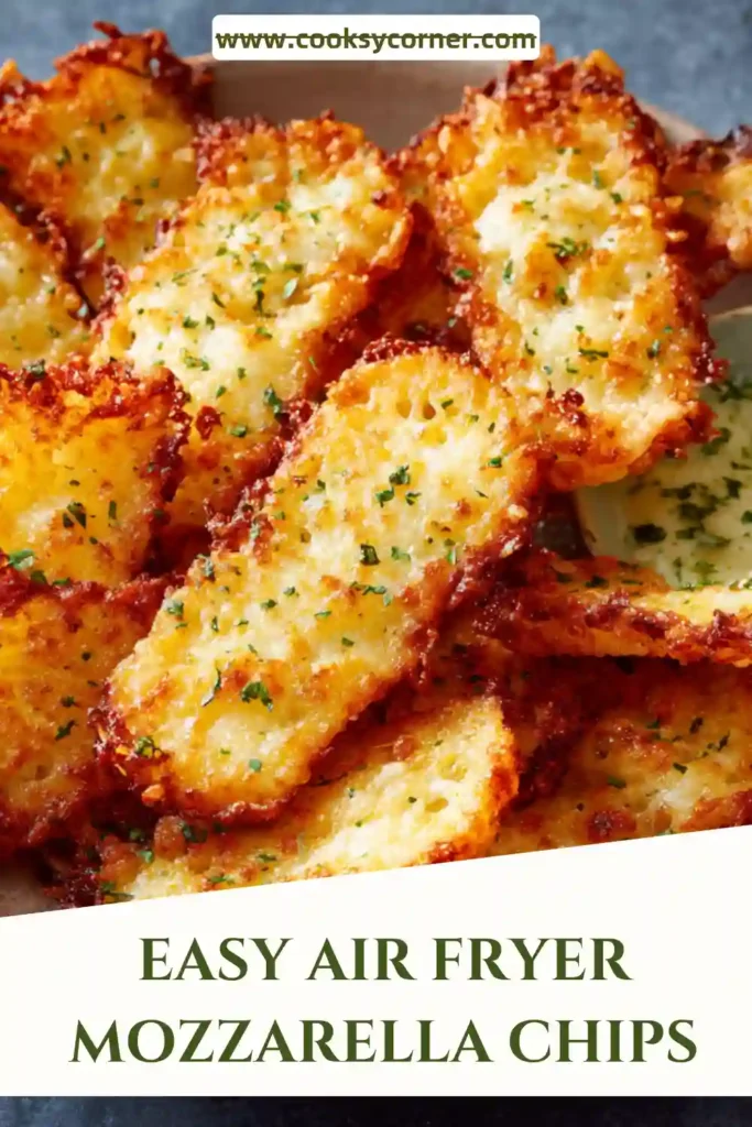 Close-up of crunchy mozzarella chips showing gooey melted cheese inside. These air fryer appetizers are perfect for parties and snacking.