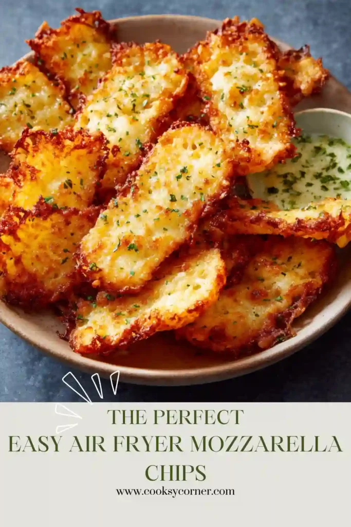Homemade mozzarella chips cooked in an air fryer until crispy and golden brown. Served fresh with a smooth avocado dipping sauce.