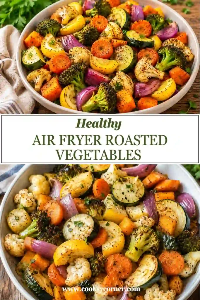 A healthy vegetable side dish made with broccoli, cauliflower, zucchini, yellow squash, and red onion cooked in an air fryer. The vegetables are lightly crisp and beautifully roasted.