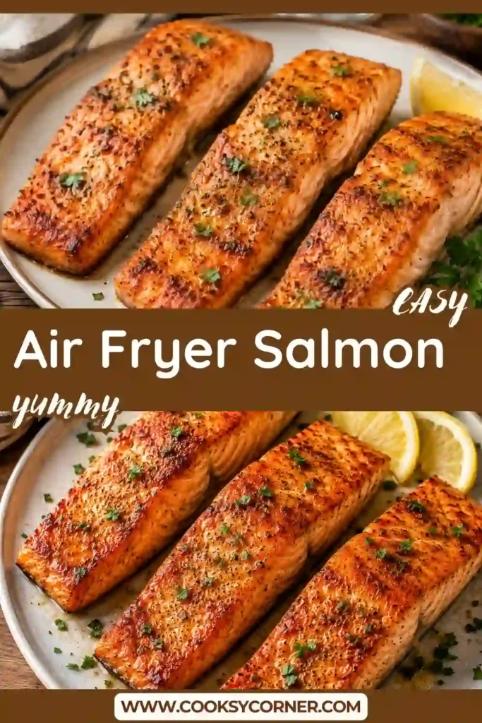 Freshly cooked salmon fillets arranged on a serving plate after air frying. The fish has a seasoned crust and tender texture ideal for weeknight meals.