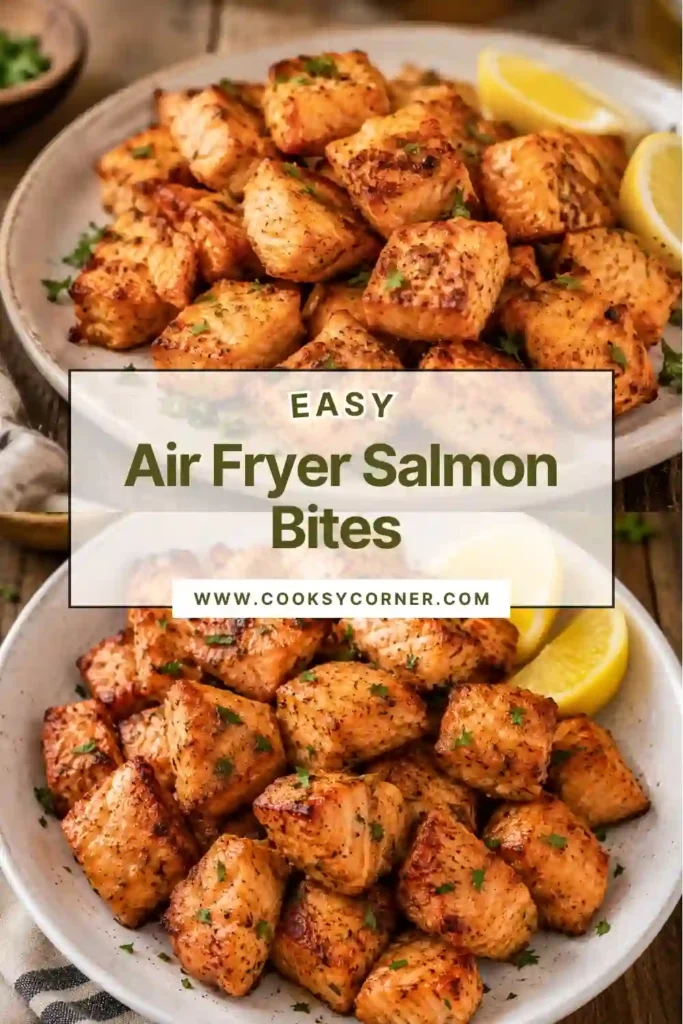 Freshly cooked Air Fryer Salmon Bites served with a creamy sriracha dipping sauce. The salmon is golden, flaky, and perfectly seasoned for a quick healthy seafood meal.