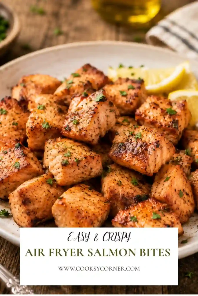 A plate of bite-sized salmon cooked in the air fryer and garnished with fresh parsley. The salmon has a crispy exterior and tender center.