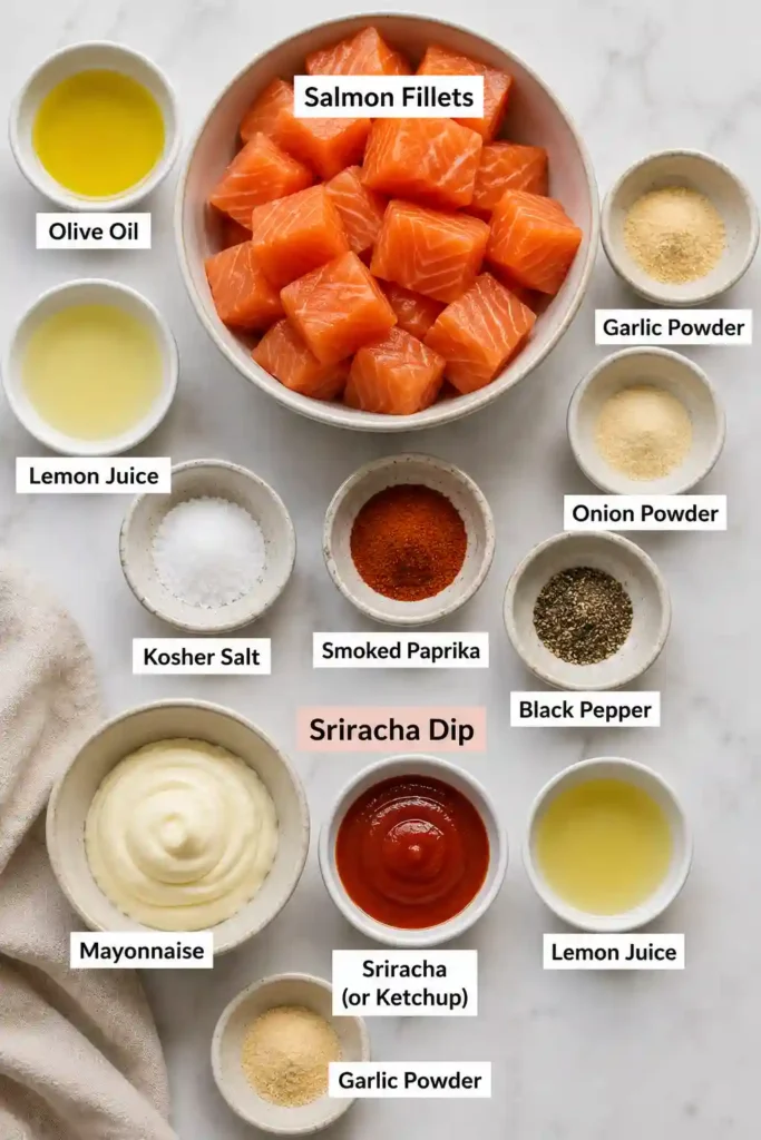 Crispy seasoned Air Fryer Salmon Bites paired with homemade spicy mayo dipping sauce. Perfect for appetizers or quick dinners.