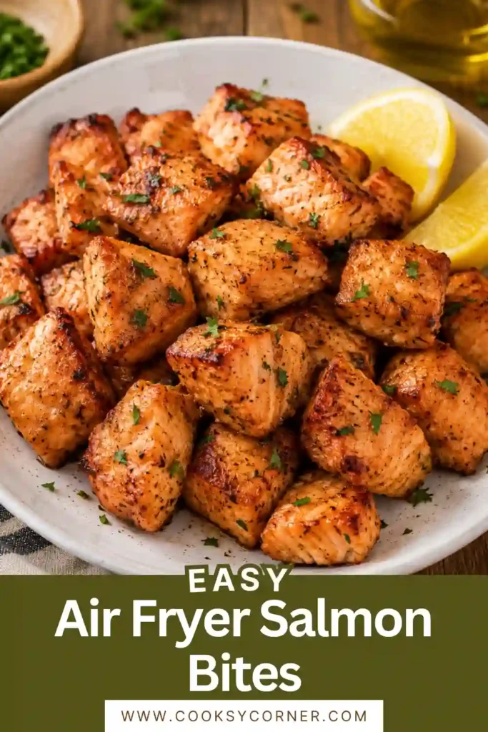 Healthy Air Fryer Salmon Bites arranged on a serving platter with lemon wedges and creamy dipping sauce. Fresh herbs add color and flavor.