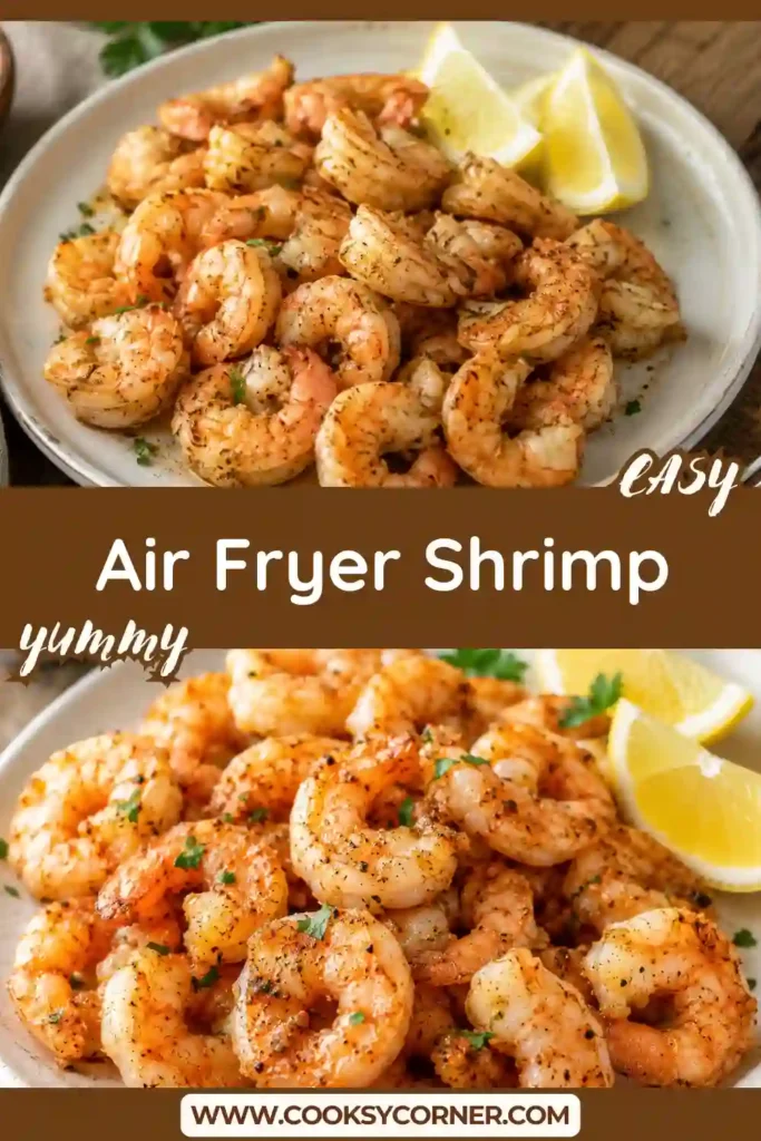 Juicy lemon Air Fryer Shrimp arranged on a platter with chopped parsley. This easy shrimp recipe is ideal for salads, pasta, or rice bowls.