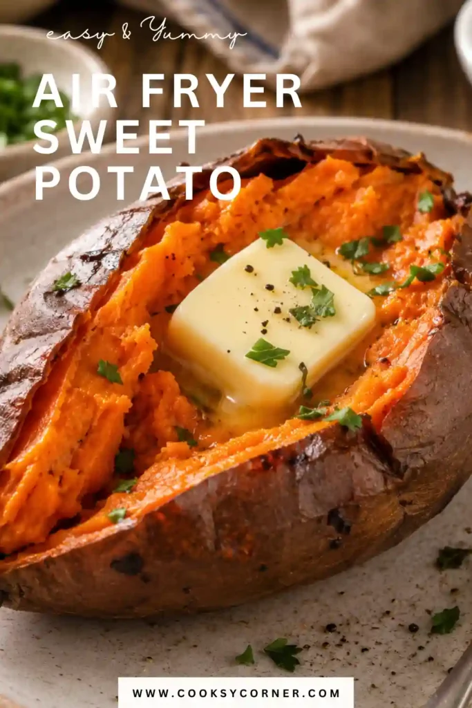 A whole Air Fryer Sweet Potato with crispy golden skin sliced open to reveal a soft, fluffy orange center. This healthy air fryer recipe makes a perfect side dish.