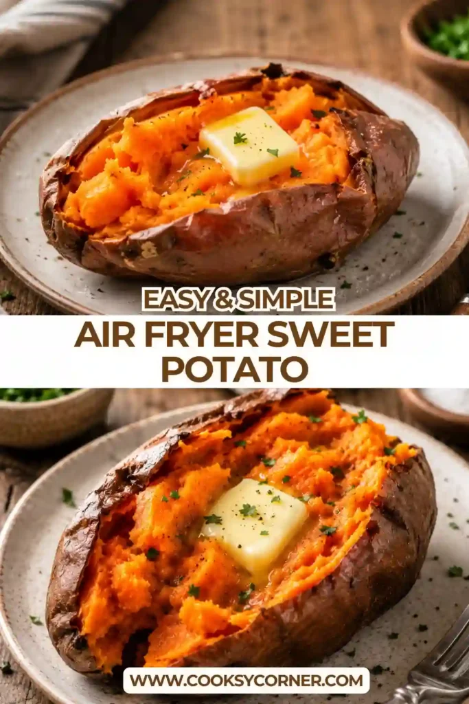Perfectly cooked Air Fryer Sweet Potato served warm with crispy seasoned skin and tender roasted flesh. Easy, healthy, and naturally gluten-free.