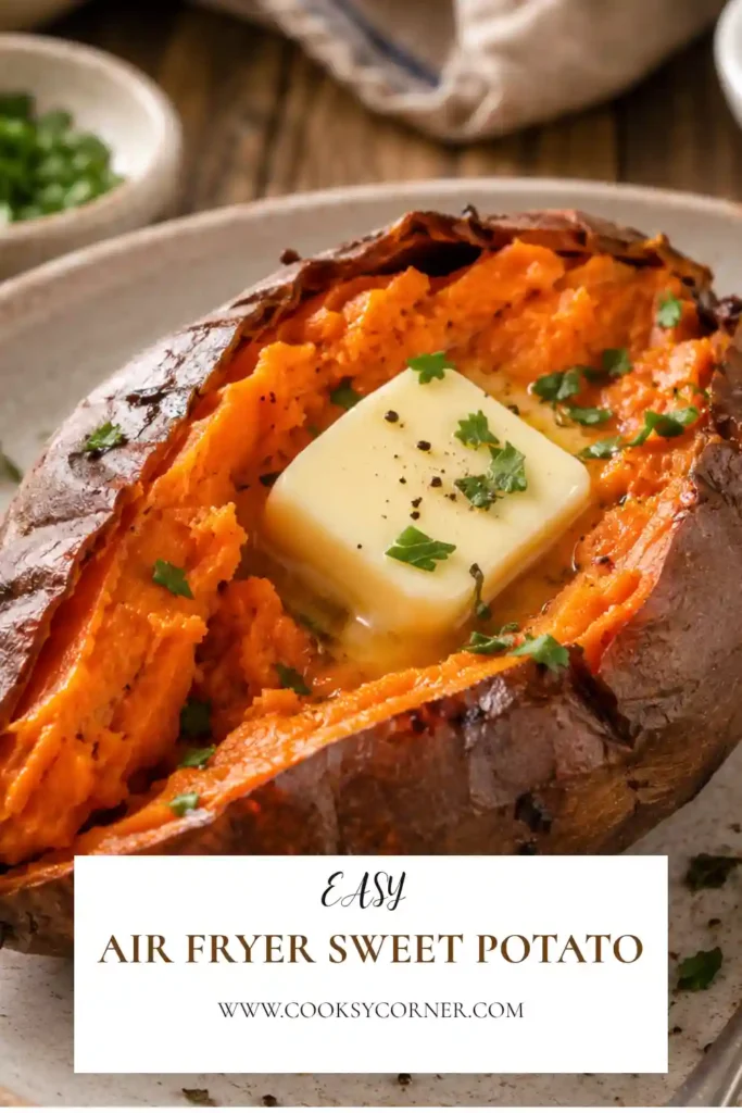 Freshly cooked Air Fryer Sweet Potato topped with butter and herbs on a serving plate. Crispy outside and fluffy inside for a delicious family meal.
