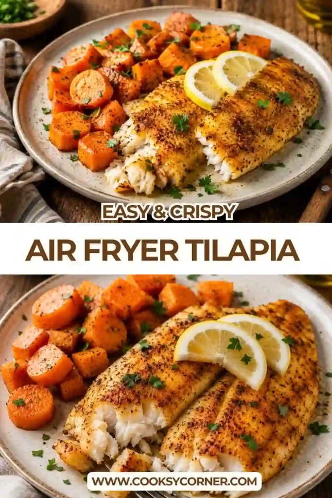 Flaky Air Fryer Tilapia fillets cooked until golden brown and served with fresh lemon on a white dinner plate. This easy fish recipe is ideal for healthy family dinners.