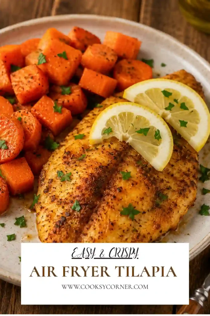 Homemade Air Fryer Tilapia garnished with lemon wedges and fresh parsley on a serving platter. This healthy seafood recipe is quick, easy, and packed with flavor.