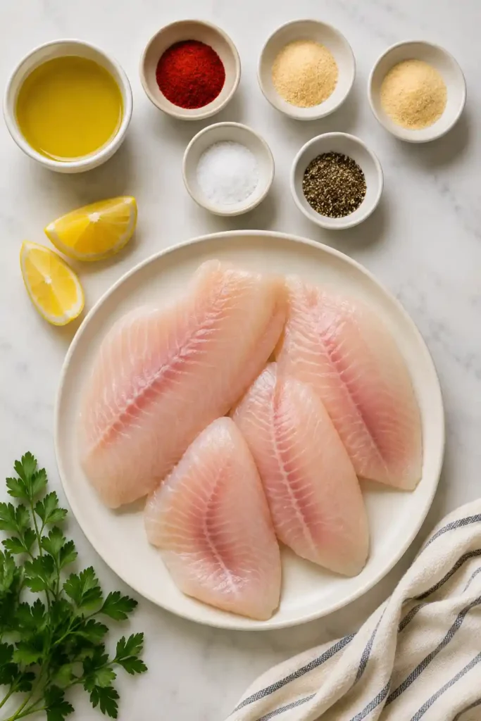 Crispy-edged Air Fryer Tilapia fillets served with fresh lemon slices and herbs for a healthy seafood dinner. A simple recipe made with everyday ingredients.