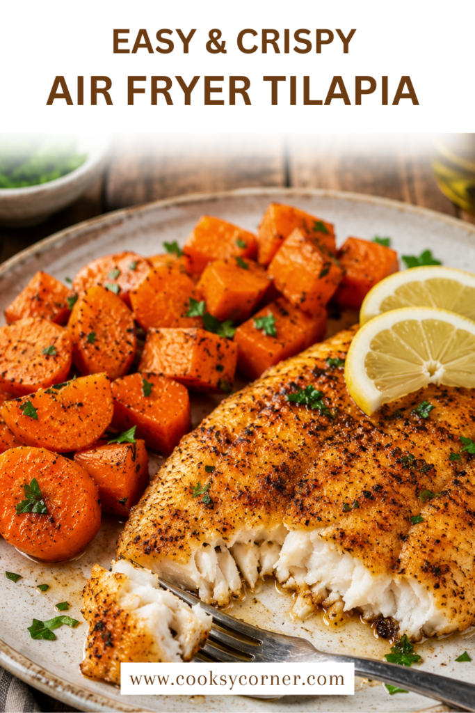 Golden Air Fryer Tilapia fillets seasoned with paprika, garlic, and black pepper, served with fresh lemon wedges. This quick and healthy seafood dinner is flaky, tender, and perfect for weeknight meals.