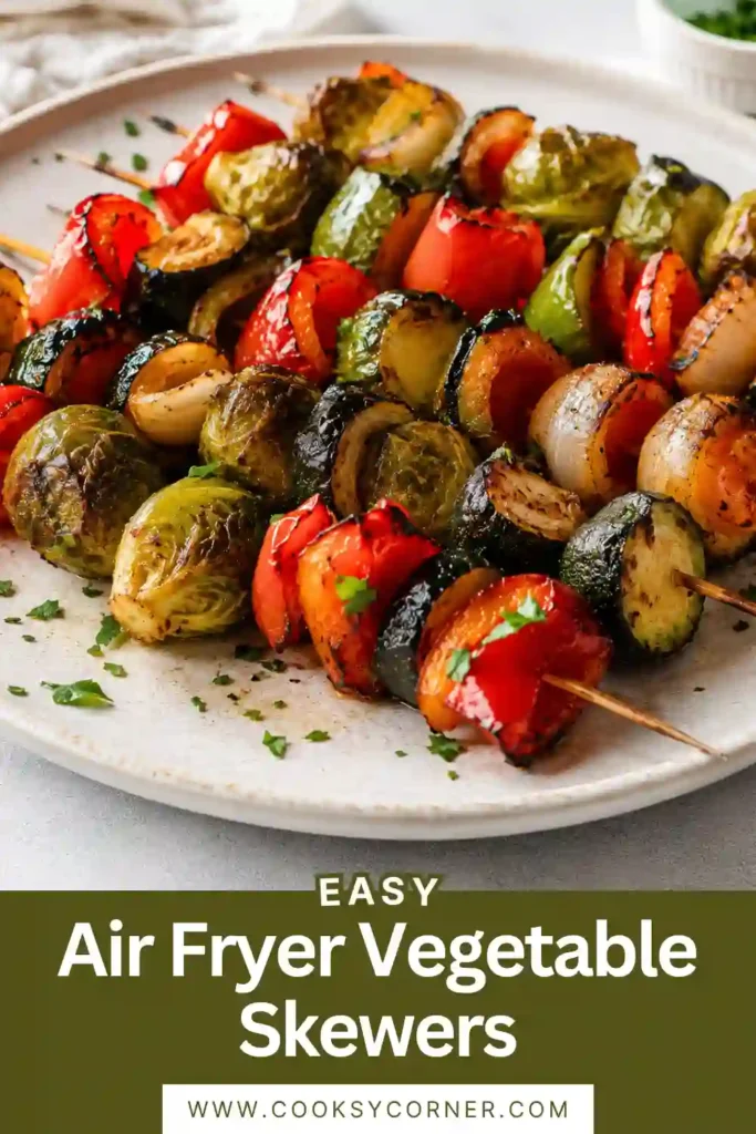 Healthy Air Fryer Vegetable Skewers made with seasoned fresh vegetables. The vegetables are roasted until tender with golden, crispy edges.