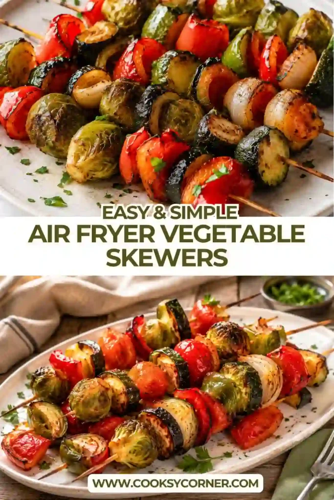 Air Fryer Vegetable Skewers arranged on a serving platter with Brussels sprouts, zucchini, bell peppers, and cherry tomatoes. The vegetables are lightly charred and perfectly cooked for a healthy side dish.