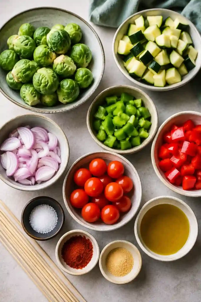 Homemade Air Fryer Vegetable Skewers featuring zucchini, tomatoes, peppers, and shallots. A quick and nutritious vegan recipe perfect for weeknight dinners.