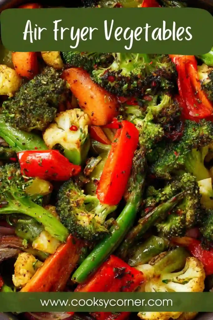 A close-up view of crispy Air Fryer Vegetables with golden edges and bright colors. Fresh vegetables are evenly roasted and ready to serve.