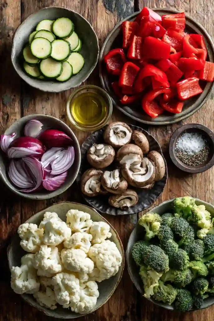 Mixed Air Fryer Vegetables served warm in a bowl, showcasing roasted broccoli, zucchini, peppers, cauliflower, and onions. The vegetables have a fresh, colorful appearance.