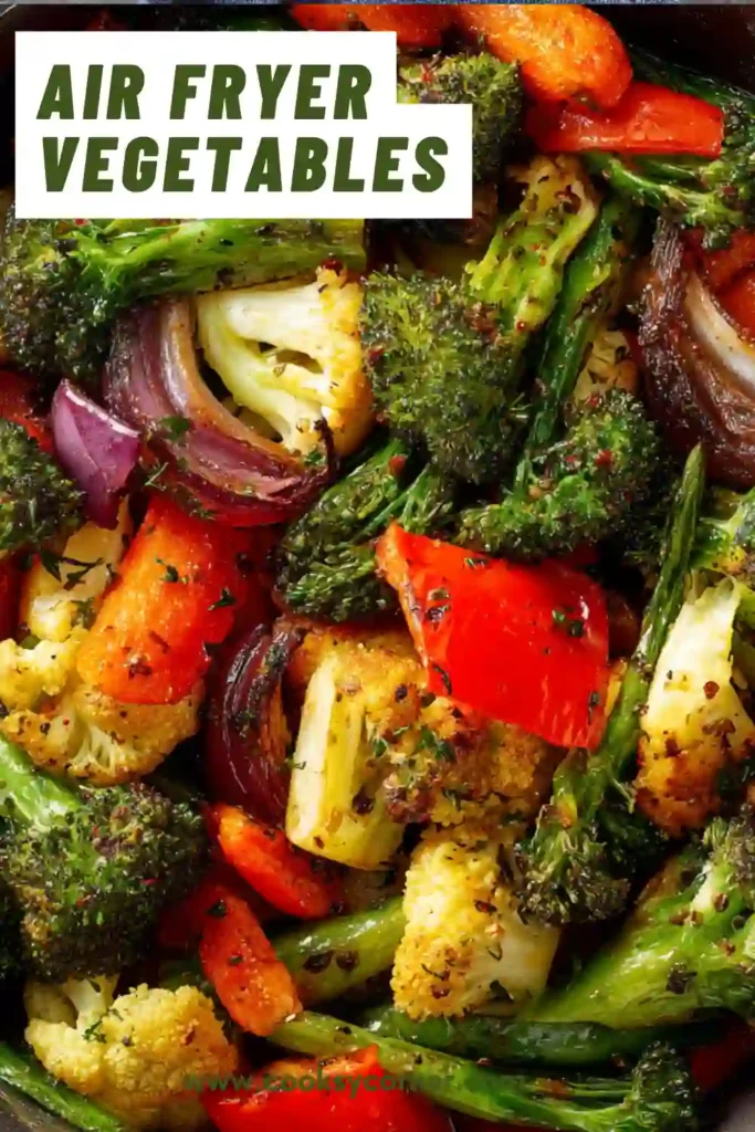 A bowl of Air Fryer Vegetables featuring broccoli, cauliflower, zucchini, bell peppers, mushrooms, and red onions. The vegetables are roasted until tender with lightly browned edges and vibrant colors.