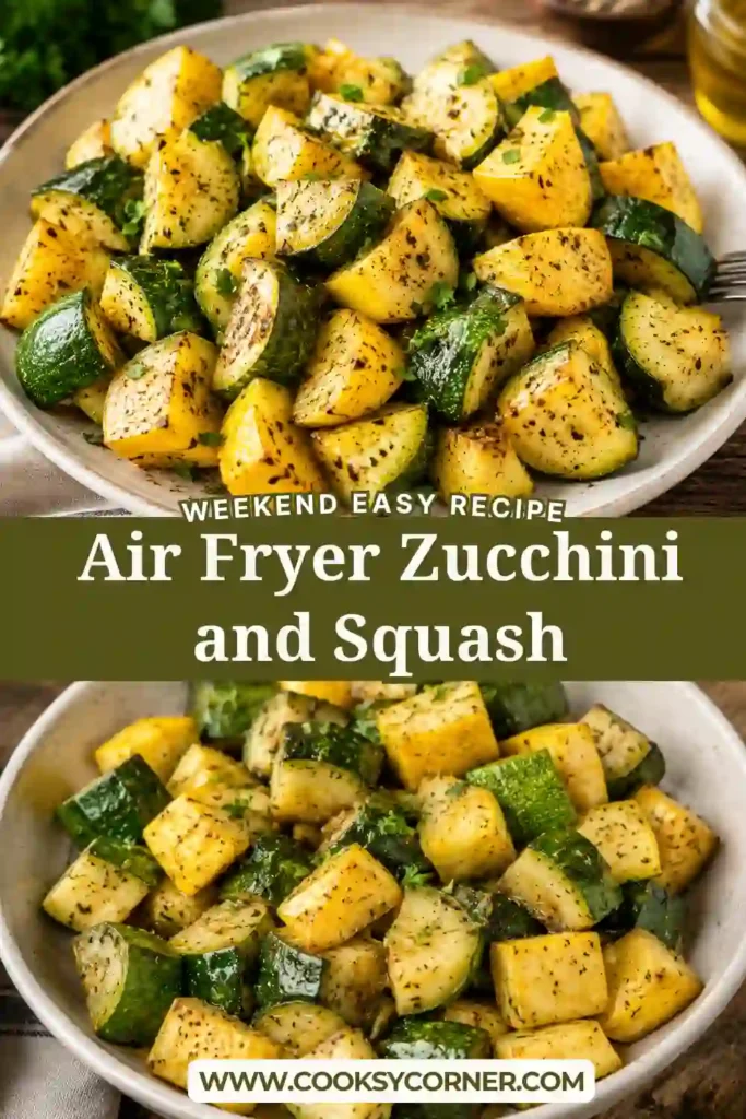 Air Fryer Zucchini and Squash arranged in a serving bowl with fresh herbs and golden roasted edges. An easy vegetarian side dish ready in minutes.