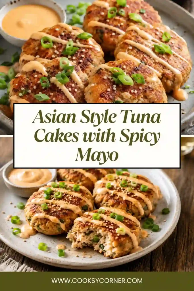 Asian-Style Tuna Cakes served with steamed rice, cucumber salad, and spicy mayo.