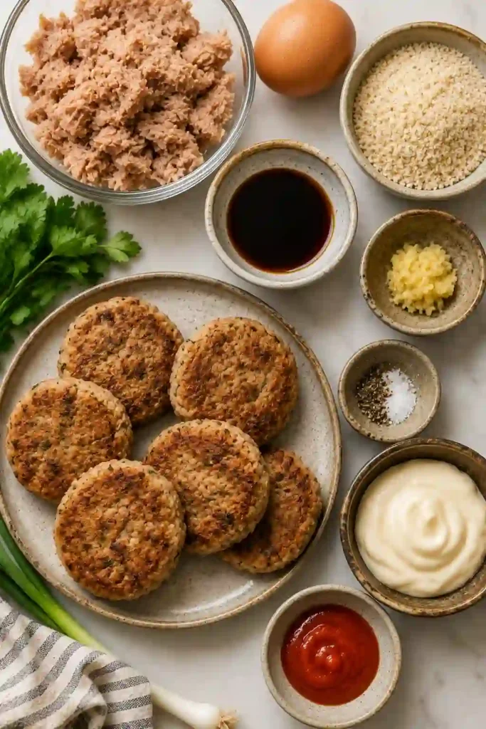 Freshly cooked Asian-Style Tuna Cakes stacked on a serving platter with spicy mayo and sesame garnish.