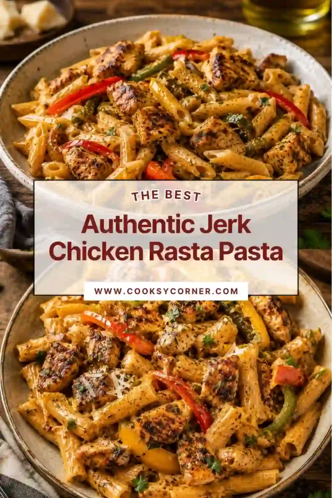 A bowl of Authentic Jerk Chicken Rasta Pasta featuring tender jerk-seasoned chicken, colorful bell peppers, and creamy Parmesan sauce. This Caribbean-inspired pasta dish is rich, vibrant, and packed with flavor.
