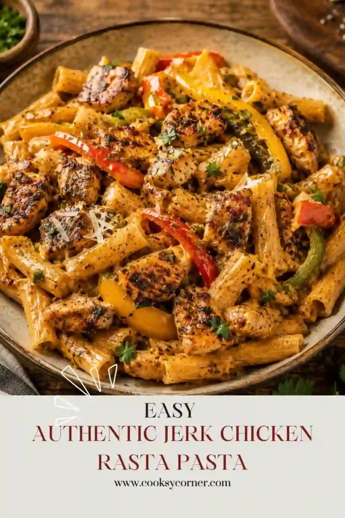 Creamy Jamaican Rasta Pasta served with juicy jerk chicken and colorful peppers. The rich sauce coats every piece of pasta for a comforting and flavorful meal.