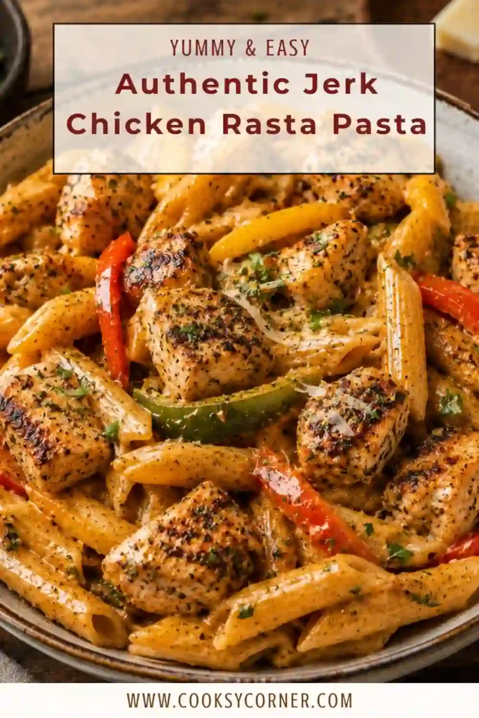 Authentic Jerk Chicken Rasta Pasta topped with fresh scallions and Parmesan cheese. A colorful Caribbean pasta recipe with bold seasoning and creamy texture.
