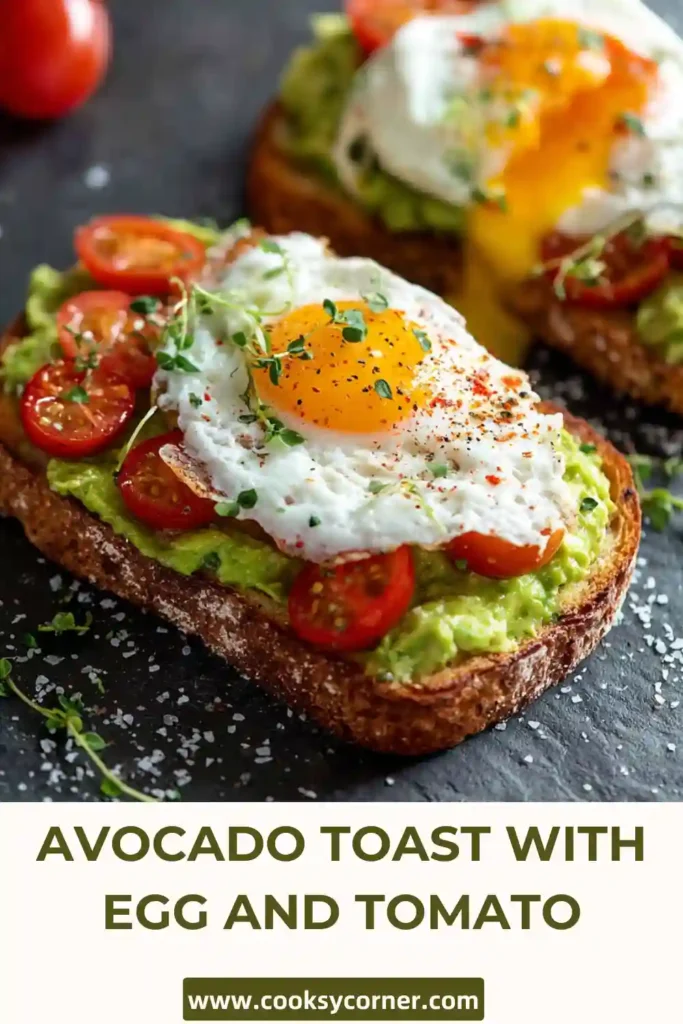 Two slices of Avocado Toast with Egg and Tomato served on a white plate with fresh herbs and cracked pepper.
