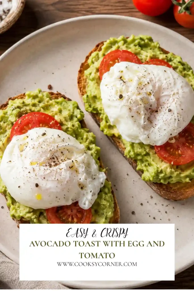 Healthy avocado toast topped with poached eggs, sliced cherry tomatoes, cracked black pepper, and chopped chives on rustic sourdough bread.