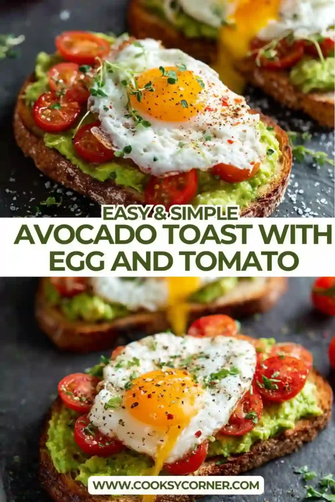Close-up of avocado toast featuring sliced cherry tomatoes and soft poached eggs on artisan sourdough bread.