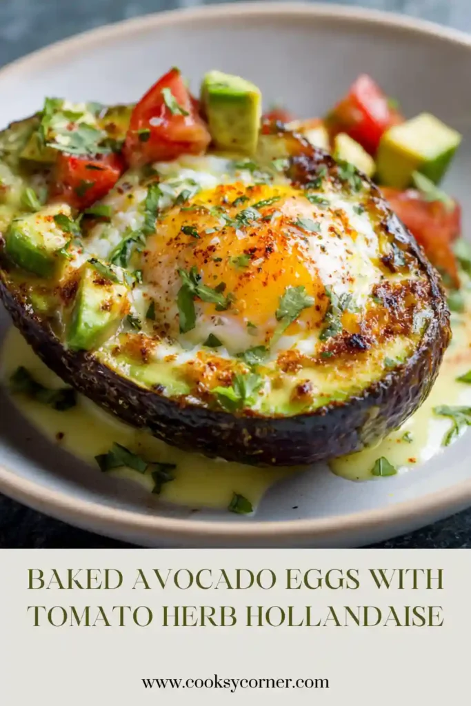 Baked eggs in avocado served with fresh herbs and rich hollandaise sauce. A simple yet elegant brunch dish made with wholesome ingredients.