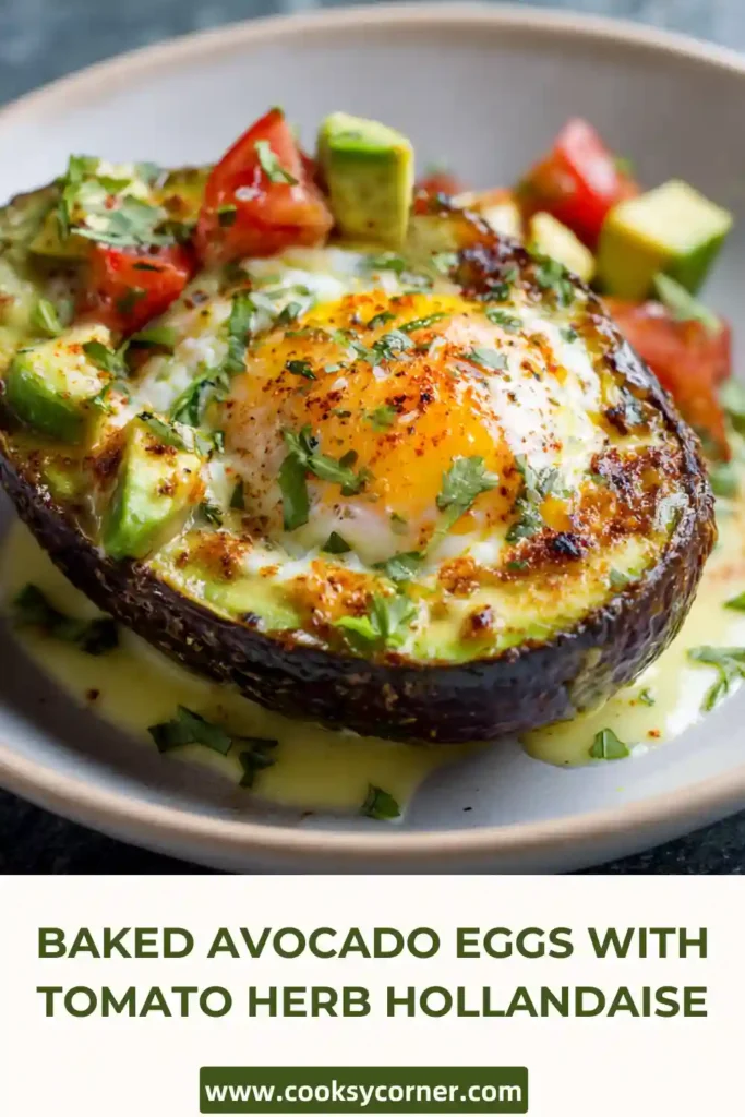 Low carb baked avocado eggs garnished with fresh parsley and homemade tomato herb sauce. A protein-rich avocado breakfast packed with flavor.
