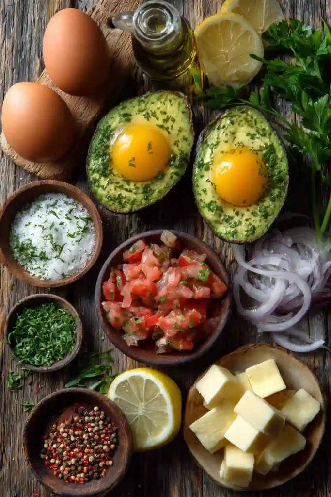 Close-up of keto-friendly baked avocado eggs topped with tomato herb hollandaise and fresh parsley. A colorful and nutritious breakfast recipe.