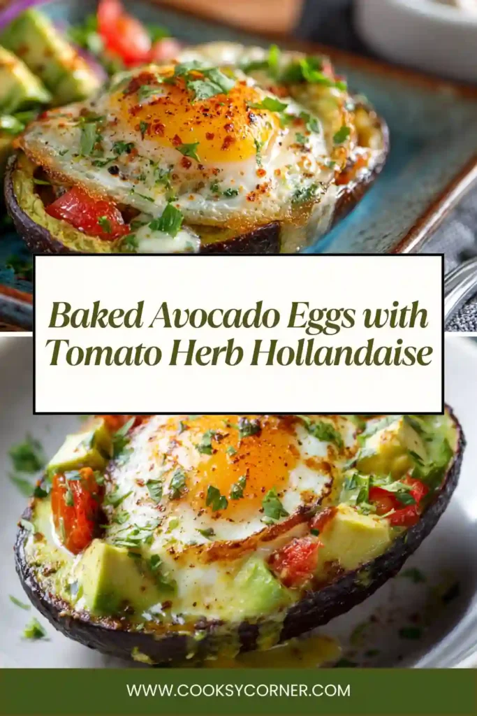 Freshly baked avocado halves filled with eggs and topped with creamy tomato herb hollandaise. This healthy baked avocado eggs recipe is perfect for breakfast or brunch.