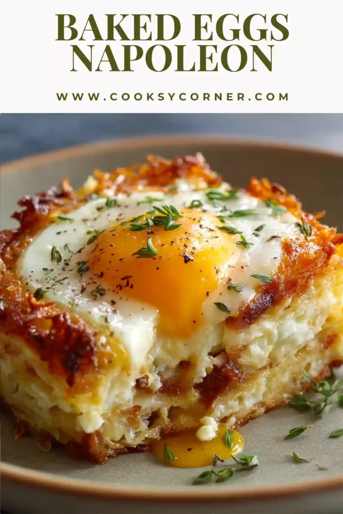 A platter of Baked Eggs Napoleon arranged for brunch with herbs and hollandaise sauce. The potato stacks are golden brown and beautifully layered.
