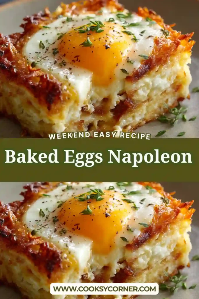 Baked Eggs Napoleon served in crispy potato stacks topped with baked eggs, fresh chives, and smoked paprika. The golden potato layers are visibly crisp and cheesy.