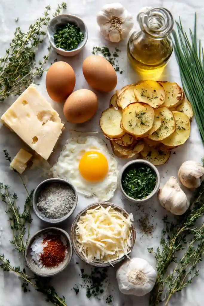 Baked Eggs Napoleon served warm with fresh herbs and smoked paprika on a white plate. The layered potatoes create an elegant presentation.