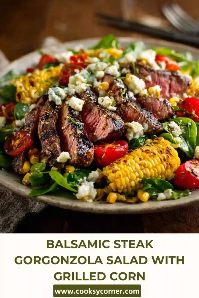 Balsamic Steak Gorgonzola Salad served on a large platter with vibrant vegetables and grilled corn kernels.