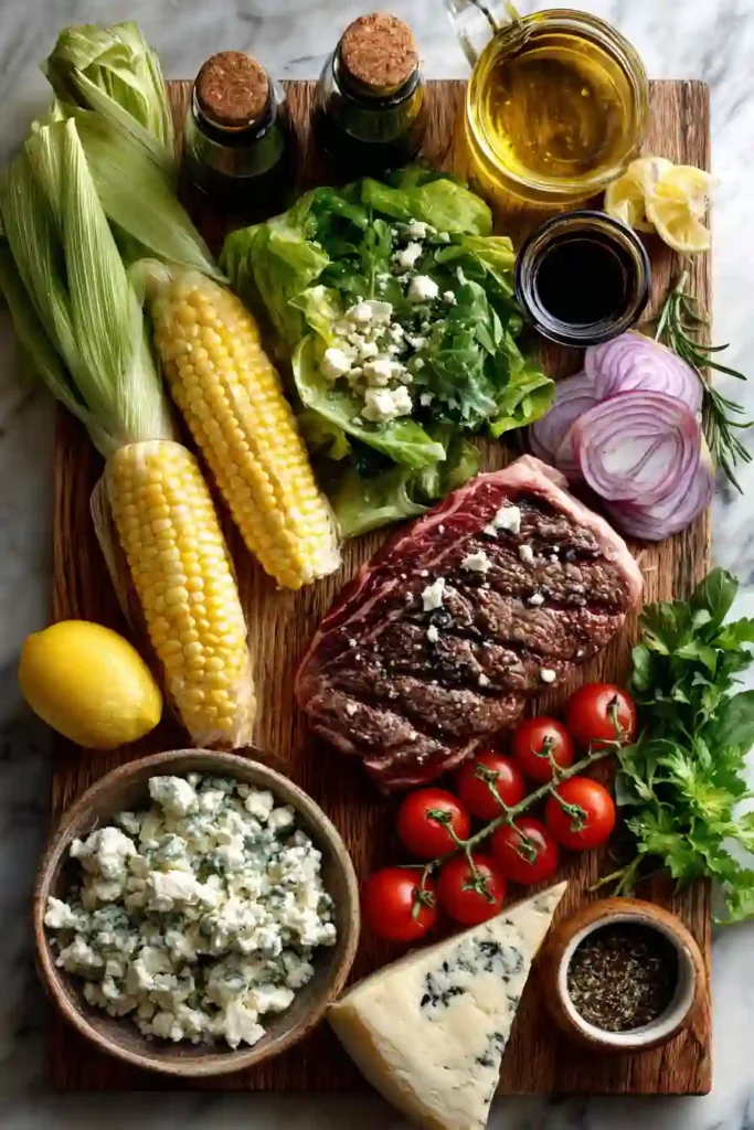 A colorful steak salad featuring grilled corn, cherry tomatoes, Gorgonzola cheese, and balsamic dressing.