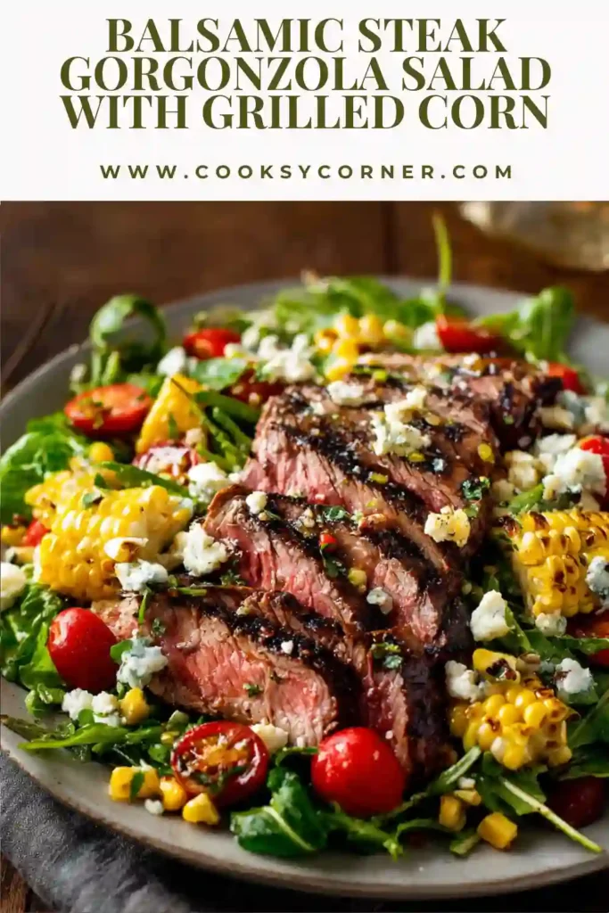 Close-up of grilled steak slices arranged over mixed greens with grilled corn, red onion, and Gorgonzola cheese.