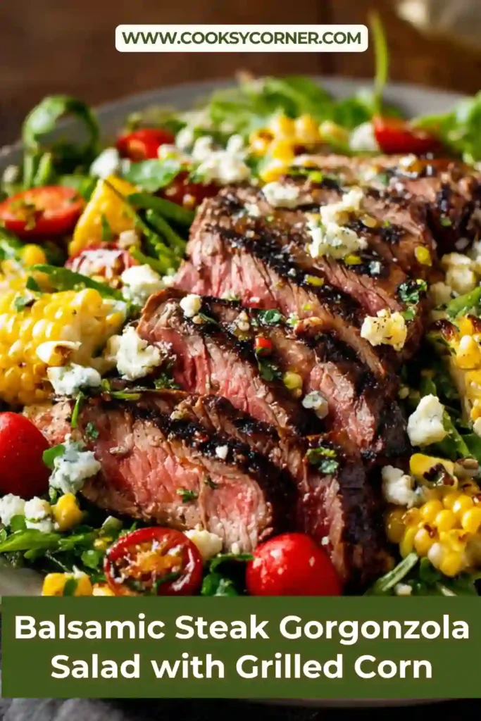 A bowl of Balsamic Steak Gorgonzola Salad with grilled corn, sliced steak, cherry tomatoes, and crumbled Gorgonzola cheese over fresh greens.