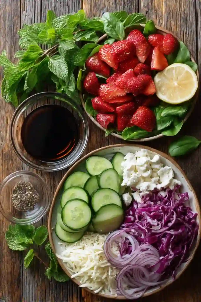 Refreshing spinach strawberry salad topped with feta cheese, avocado, cucumbers, and mint leaves. Finished with a light balsamic lemon dressing.