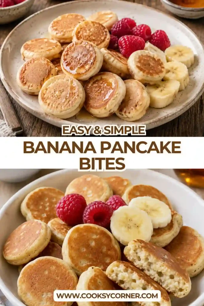 Close-up of Banana Pancake Bites stacked on a plate with fresh berries and powdered sugar.