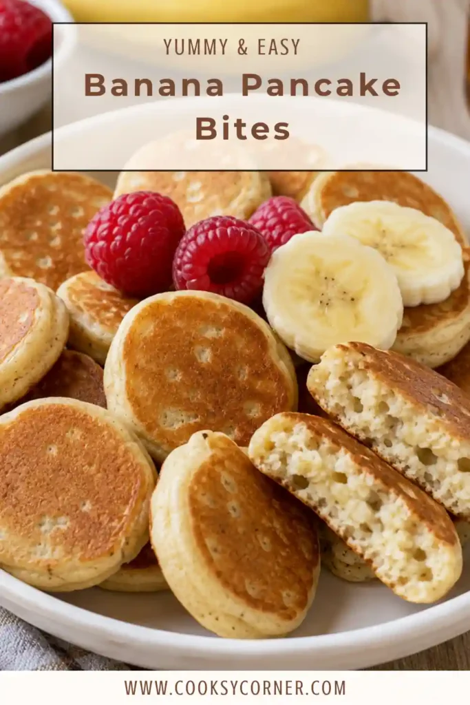Banana Pancake Bites served on a plate with maple syrup, fresh banana slices, and a sprinkle of cinnamon.