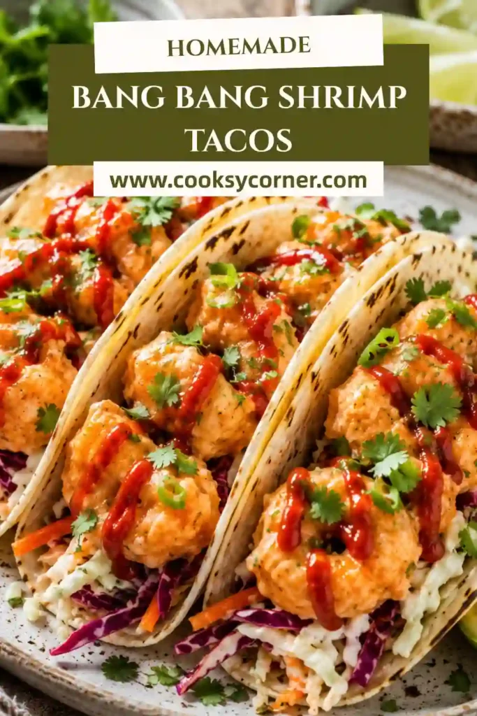 Homemade bang bang shrimp tacos served with colorful slaw and fresh herbs. This easy weeknight dinner combines spicy, sweet, and savory flavors beautifully.