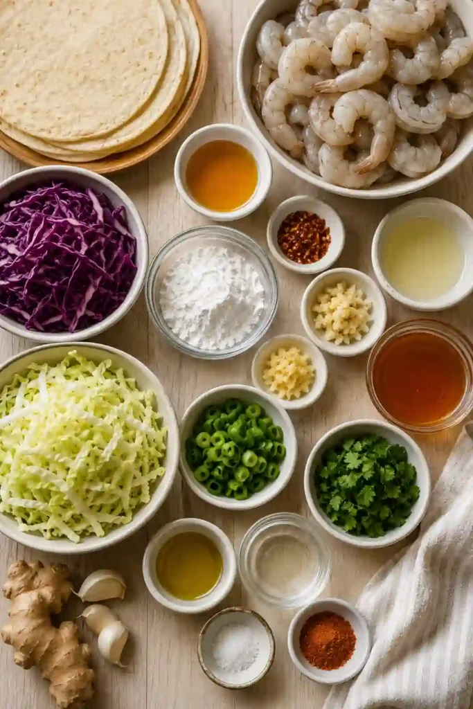 Healthy bang bang shrimp tacos arranged on a serving platter with cabbage slaw and cilantro garnish. These crispy shrimp tacos are ideal for family dinners and gatherings.