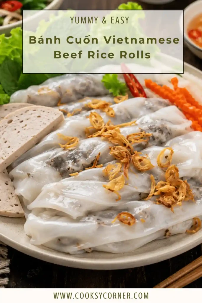 Authentic Bánh Cuốn with soft steamed rice sheets wrapped around savory beef filling and garnished with herbs.