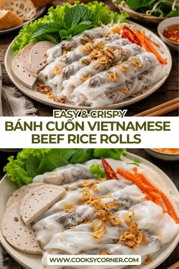 Delicate Vietnamese rice rolls topped with crispy fried onions and served alongside fresh vegetables.