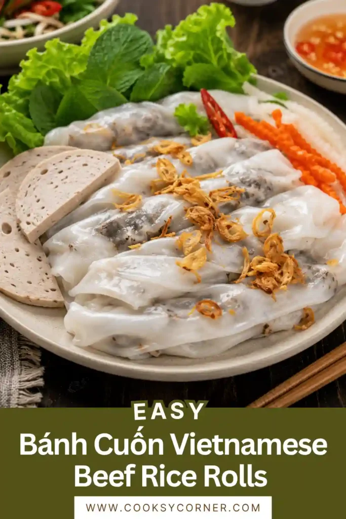 Homemade Bánh Cuốn filled with seasoned beef, mushrooms, and fresh herbs served with Vietnamese dipping sauce.